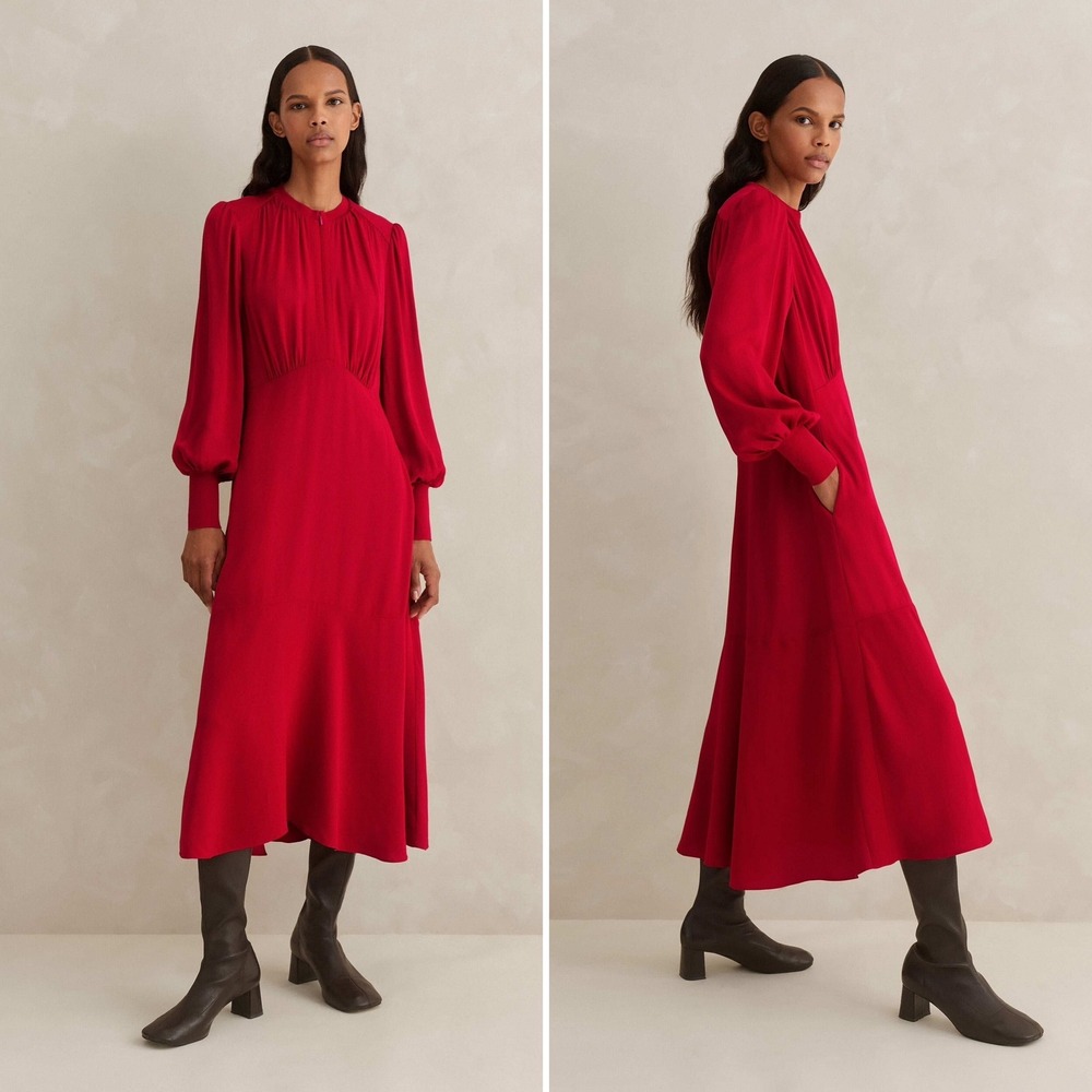 ME+EM Elegant Panelled Midi Dress Sz 12 Red Modern Crepe Flowy Chic Elegant Sexy
